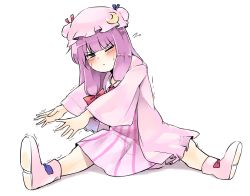 Rule 34 | 1girl, blunt bangs, blush, boots, bow, capelet, dress, failure, full body, ginnkei, hat, highres, long hair, mob cap, one-hour drawing challenge, one eye closed, patchouli knowledge, pink dress, pink footwear, purple hair, simple background, sitting, solo, spread legs, stretching, touhou, trembling, v-shaped eyebrows, white background