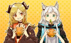 Rule 34 | 2girls, absurdres, animal ear fluff, animal ears, arknights, black choker, blonde hair, blush, braid, bright pupils, brown jacket, burger, cheese, choker, collarbone, colored eyelashes, commentary request, dotted background, earrings, eating, food, green eyes, grey hair, grin, highres, holding, holding food, hood, hood down, hooded jacket, horns, ifrit (arknights), jacket, jewelry, kibata (kibatan01), lettuce, long hair, looking to the side, mouth hold, multiple girls, orange eyes, outline, rosmontis (arknights), sidelocks, single earring, smile, sparkle, star (symbol), teeth, tomato, tomato slice, upper body, white pupils, yellow background, zipper