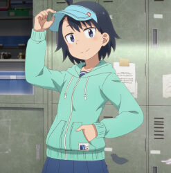 Rule 34 | 1girl, arm up, black hair, blue eyes, blush, closed mouth, dot nose, female focus, highres, hodaka natsumi, houkago teibou nisshi, indoors, locker, looking at viewer, medium hair, school uniform, skirt, smile, solo, standing, stitched, third-party edit, visor cap