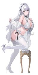 Rule 34 | 1girl, :q, absurdres, armpit crease, bare shoulders, bow, bowtie, bra, breasts, cleavage, closed mouth, detached collar, frilled panties, frills, full body, hand on own chest, high heels, highleg, highleg panties, highres, jacket, large breasts, leg up, lingerie, long hair, long sleeves, looking at viewer, maid headdress, mo:oku, navel, off shoulder, open clothes, open jacket, original, panties, shoe dangle, side-tie panties, simple background, smile, solo, spaghetti strap, stomach, strap gap, string panties, thighhighs, thighs, tongue, tongue out, underwear, underwear only, white background, white bra, white hair, white jacket, white panties, white thighhighs
