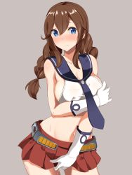 Rule 34 | 10s, 1girl, bad id, bad pixiv id, bare shoulders, blue eyes, blush, braid, breasts, brown hair, female masturbation, gloves, highres, kantai collection, large breasts, long hair, looking at viewer, masturbation, midriff, miniskirt, navel, necktie, noshiro (kancolle), pleated skirt, pussy juice, red skirt, school uniform, serafuku, simple background, skirt, smile, solo, swept bangs, twin braids, uni mmtab, white gloves