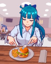 Rule 34 | 2girls, aqua hair, blue bow, blue hair, bow, burger, closed eyes, closed mouth, collared shirt, commentary, facing viewer, food, french fries, hair bow, hcnone, highres, holding utensil, indoors, long sleeves, multiple girls, office lady, original, paper towel, penny (hcnone), pixel art, plate, ponytail, shirt, sidelocks, skye (hcnone), slicing, smile, solo focus, symbol-only commentary, table, upper body, white shirt, wooden table