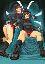 Rule 34 | 2girls, ankle boots, arm around neck, ass, black footwear, black headwear, black jacket, black legwear, black panties, boots, brown hair, commentary, cross-laced footwear, crotch seam, dress shirt, evil smile, from behind, garrison cap, gemu555, girls und panzer, gun, hand on own hip, handgun, hat, holding, holding gun, holding weapon, insignia, jacket, kuromorimine military uniform, lace-up boots, leaning forward, long sleeves, looking at viewer, looking back, luger p08, military, military hat, military uniform, miniskirt, multiple girls, nishizumi maho, nishizumi miho, open mouth, panties, pantyshot, pleated skirt, red shirt, red skirt, shirt, short hair, siblings, sisters, sitting, skirt, smile, socks, standing, underwear, uniform, weapon, white panties, wing collar