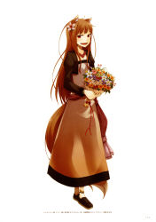 Rule 34 | 1girl, absurdres, animal ears, ayakura juu, bouquet, brown eyes, brown hair, collarbone, flower, highres, holding, holding bouquet, holo, jewelry, long hair, looking at viewer, necklace, open mouth, solo, spice and wolf, tail, wolf ears, wolf tail