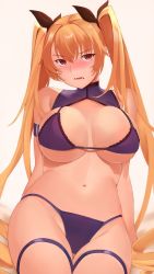 Rule 34 | 1girl, arm belt, arm support, azur lane, bare shoulders, bikini, black ribbon, blonde hair, blush, breasts, cleavage, collarbone, commentary request, cowboy shot, groin, hair between eyes, hair ribbon, head tilt, highres, kameponde, large breasts, long hair, looking at viewer, lower teeth only, navel, nelson (azur lane), nose blush, open mouth, partial commentary, purple bikini, red eyes, ribbon, ringlets, sidelocks, simple background, sitting, skindentation, solo, stomach, swimsuit, teeth, thigh gap, thigh strap, twintails, underboob, very long hair, white background