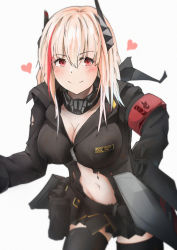 Rule 34 | 1girl, black jacket, black scarf, black skirt, black thighhighs, blush, breasts, cleavage, closed mouth, collarbone, feet out of frame, girls&#039; frontline, hair ornament, hand on own hip, highres, jacket, leaning forward, long hair, looking at viewer, m4 sopmod ii (girls&#039; frontline), medium breasts, multicolored hair, navel, pink hair, red eyes, scarf, skirt, smile, solo, standing, thighhighs, torn clothes, torn jacket, umber00, white background