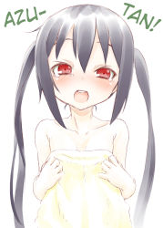 Rule 34 | black hair, blush, collarbone, hard-translated, k-on!, kishiri toworu, long hair, nakano azusa, open mouth, red eyes, tears, third-party edit, towel, translated, twintails