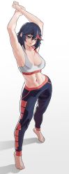 Rule 34 | 1girl, abs, absurdres, alternate costume, armpits, arms up, artist name, blue eyes, blush, breasts, cleavage, commentary, cowboy shot, english commentary, full body, grey tank top, highres, kill la kill, large breasts, looking at viewer, matoi ryuuko, medium breasts, multicolored hair, navel, pants, shadow, simple background, standing, stopu, streaked hair, tank top, thighs, toes, tomboy, white background, yoga pants