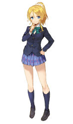 Rule 34 | 1girl, ayase eli, black jacket, blue eyes, blue skirt, blue socks, blush, bow, bowtie, closed mouth, full body, green bow, green bowtie, grey footwear, hair ornament, hair scrunchie, hand on own hip, hand up, highres, jacket, loafers, long hair, long sleeves, looking at viewer, love live!, love live! school idol project, miniskirt, pleated skirt, ponytail, scrunchie, shirabi, shirt, shoes, simple background, skirt, smile, smug, socks, solo, striped bow, striped bowtie, striped clothes, v-shaped eyebrows, white background, white shirt
