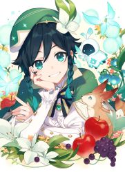 Rule 34 | 1boy, androgynous, animal, apple, asahikawa hiyori, barbatos (genshin impact), beret, black hair, blue hair, blush, bow, braid, brooch, bug, butterfly, cape, cloak, collared cape, commentary request, dandelion, detached wings, elemental (creature), flower, food, fox, frilled sleeves, frills, fruit, gem, genshin impact, gradient hair, grapes, green eyes, green headwear, grin, hair flower, hair ornament, hand on own cheek, hand on own face, hat, hood, hood up, hooded cloak, insect, jewelry, leaf, light particles, long sleeves, looking at viewer, male focus, multicolored hair, open mouth, red flower, shirt, short hair with long locks, slit pupils, smile, spirit, teeth, twin braids, venti (genshin impact), white background, white flower, white shirt, wings
