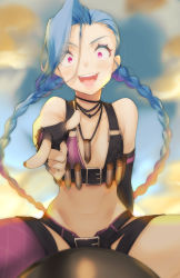 Rule 34 | 1girl, blue hair, braid, fingerless gloves, gloves, gradient background, jinx (league of legends), league of legends, long hair, midriff, naso4, navel, open mouth, smile, solo, tattoo, twin braids, very long hair