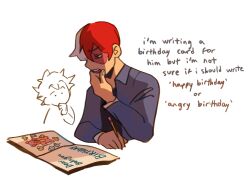Rule 34 | 2boys, birthday, birthday card, blue shirt, boku no hero academia, burn scar, comic, commentary, english commentary, english text, fenkko, hand on own chin, happy birthday, holding, holding pencil, long sleeves, male focus, midoriya izuku, multicolored hair, multiple boys, open clothes, open mouth, open shirt, pencil, red hair, scar, scar on face, shirt, short hair, simple background, split-color hair, thinking, todoroki shouto, two-tone hair, upper body, white background, white hair