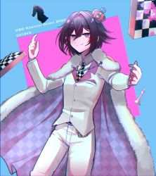 Rule 34 | 1boy, 2020, absurdres, alternate costume, bad hand, black hair, cele (310v3), chain, character name, checkered clothes, checkered scarf, chess piece, chessboard, collared shirt, commentary, cowboy shot, crown, danganronpa (series), danganronpa v3: killing harmony, fur-trimmed jacket, fur trim, hair between eyes, hair intakes, hand up, highres, index finger raised, jacket, long sleeves, looking at viewer, male focus, mini crown, necktie, oma kokichi, pants, pink eyes, royal robe, scarf, shirt, short hair, smile, solo, tilted headwear, unmoving pattern, white jacket, white pants, white shirt