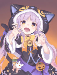Rule 34 | 1girl, animal hood, bag, bell, blush, claw pose, cookie, food, fur trim, gradient background, hands up, highres, hood, hood up, kyouka (halloween) (princess connect!), kyouka (princess connect!), long hair, looking at viewer, misashi (raichi821), open mouth, orange background, pointy ears, princess connect!, purple hair, rabbit ornament, solo, teeth, tongue, very long hair