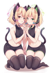 Rule 34 | 2girls, animal ear headphones, animal ears, bare shoulders, black thighhighs, blonde hair, blue archive, blush, bow, breasts, cat ear headphones, cat tail, chinese commentary, clothing request, collarbone, commentary request, fake animal ears, fake tail, female focus, green eyes, hair bow, halo, headphones, highres, kneeling, looking at viewer, midori (blue archive), milkshakework, momoi (blue archive), multiple girls, navel, open mouth, red eyes, short hair, siblings, sidelocks, simple background, sisters, small breasts, tail, thighhighs, thighs, twins, white background