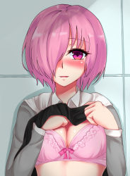 Rule 34 | 1girl, blush, bow, bow bra, bra, breasts, cleavage, clothes lift, fate/grand order, fate (series), graphite (medium), hair over one eye, kuzya, looking at viewer, mash kyrielight, medium breasts, parted lips, pencil, pink bra, pink eyes, pink hair, shirt, shirt lift, short hair, solo, tiles, traditional media, underwear, upper body