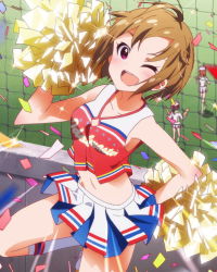 Rule 34 | 10s, 1girl, ;d, ahoge, artist request, blush, brown hair, cheerleader, confetti, crop top, crop top overhang, hand on own hip, ibuki tsubasa, idolmaster, idolmaster million live!, looking at viewer, messy hair, midriff, navel, official art, one eye closed, open mouth, pink eyes, pleated skirt, pom pom (cheerleading), skirt, smile, solo, sparkle, wink