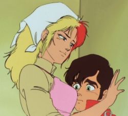 Rule 34 | 1980s (style), 1boy, 1girl, against wall, age difference, animated, animated gif, apron, blonde hair, breast smother, breasts, brown hair, chara soon, embarrassed, face to breasts, green eyes, gundam, gundam zz, hetero, judau ashta, mature female, multicolored hair, retro artstyle, red hair, retro artstyle, two-tone hair