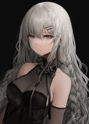 Rule 34 | 1girl, bare shoulders, black background, black neckwear, bow, braid, breasts, cleavage, closed mouth, collarbone, detached sleeves, expressionless, grey hair, hair between eyes, hair ornament, hairclip, haori io, highres, long hair, looking at viewer, looking to the side, original, purple eyes, see-through, see-through shirt, see-through sleeves, sideboob, sidelocks, signature, simple background, solo, upper body