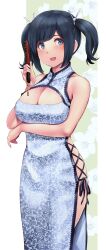 Rule 34 | 1girl, alternate costume, bare arms, bare shoulders, black hair, blue eyes, blue hair, blush, breast lift, breasts, china dress, chinese clothes, cleavage cutout, clothing cutout, cowboy shot, cross-laced clothes, cross-laced slit, dress, floral background, folded fan, folding fan, hair ribbon, hand fan, highres, kantai collection, large breasts, long hair, looking at viewer, open mouth, ribbon, short hair, side-tie dress, side slit, sideboob, sideless outfit, simple background, smile, solo, souryuu (kancolle), standing, twintails, two-tone background, wa (genryusui), white dress
