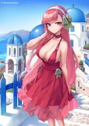 Rule 34 | 1girl, blunt bangs, blurry, blurry background, breasts, character request, choker, cleavage, closed mouth, depth of field, dress, hairband, halterneck, highres, large breasts, long hair, oopartz yang, outdoors, pink eyes, pink hair, red dress, smile, solo, standing, very long hair, you can eat the girl