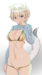 Rule 34 | 1girl, animal ears, bikini, blonde hair, blue eyes, blush, brave witches, breasts, cleavage, closed mouth, gold bikini, highres, looking at viewer, lowlegist, medium breasts, navel, nikka edvardine katajainen, short hair, solo, sweater, swimsuit, tail, weasel ears, weasel tail, world witches series
