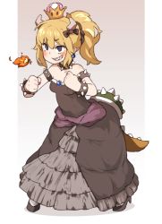Rule 34 | 1girl, amonitto, armlet, bare shoulders, black dress, black leotard, blonde hair, blush, borrowed design, bowsette, bracelet, clenched hands, collar, crown, dress, earrings, fingernails, fire, fire, gradient background, grey eyes, hair ornament, high heels, horns, jewelry, leotard, mario (series), nail polish, new super mario bros. u deluxe, nintendo, pink nails, pointy ears, ponytail, sharp teeth, simple background, solo, spiked armlet, spiked bracelet, spiked collar, spiked shell, spiked tail, spikes, standing, strapless, strapless dress, strapless leotard, super crown, tail, teeth, turtle shell