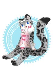 Rule 34 | 1girl, artist request, blue eyes, female focus, full body, furry, furry female, lowres, open mouth, ribbon, sitting, snow leopard, solo, white background