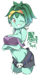 Rule 34 | 1girl, ;), arched back, bare shoulders, belt, breast hold, breasts, character name, cleavage, collarbone, colored skin, crop top, cropped legs, crossed arms, earrings, gokuu (acoloredpencil), green hair, green skin, grin, hairband, highres, jewelry, looking at viewer, medium breasts, midriff, navel, one eye closed, red eyes, rottytops, shantae (series), short hair, shorts, simple background, skull earrings, smile, solo, stitches, stomach, strap slip, tank top, white background, yellow hairband, zombie