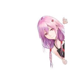 Rule 34 | 1girl, blush, fattybot, guilty crown, hair ornament, hairclip, long hair, looking at viewer, peeking, peeking out, pink hair, reaching, reaching towards viewer, smile, solo, transparent background, twintails, yuzuriha inori