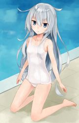 Rule 34 | 10s, 1girl, alternate costume, ashiya hiro, barefoot, blue eyes, breasts, expressionless, hibiki (kancolle), highres, kantai collection, kneeling, long hair, old school swimsuit, one-piece swimsuit, poolside, school swimsuit, silver hair, small breasts, solo, swimsuit, white school swimsuit, white one-piece swimsuit