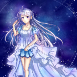 Rule 34 | 1girl, ahoge, artist request, blue dress, cancer (constellation), constellation, dress, earrings, gradient background, highres, jewelry, long hair, necklace, original, purple eyes, purple hair, solo, star (symbol), very long hair, wristband