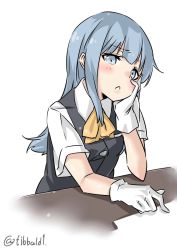 Rule 34 | 10s, 1girl, ascot, bad id, bad twitter id, black vest, blue eyes, blue hair, blush, buttons, collared shirt, ebifurya, eyebrows, gloves, hand on own cheek, hand on own face, hand up, hatsukaze (kancolle), highres, inactive account, kantai collection, long hair, looking at viewer, matching hair/eyes, parted lips, pocket, shirt, short sleeves, simple background, sleeveless, solo, twitter username, upper body, vest, white background, white gloves, white shirt