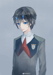 Rule 34 | 10s, 1boy, black hair, blue eyes, blue horns, chu dengdeng, commentary request, darling in the franxx, hiro (darling in the franxx), horns, long sleeves, male focus, military, military uniform, necktie, oni horns, red necktie, short hair, solo, uniform