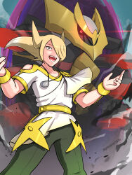 Rule 34 | 1boy, absurdres, blonde hair, bracelet, clothing cutout, collarbone, commentary request, creatures (company), from below, game freak, gen 4 pokemon, giratina, gonzarez, green pants, grey eyes, highres, jewelry, legendary pokemon, legs apart, long hair, male focus, necklace, nintendo, open mouth, outdoors, pants, pointy hair, pokemon, pokemon (creature), pokemon legends: arceus, shirt, short sleeves, shoulder cutout, spoilers, standing, teeth, tongue, twitter username, two side up, volo (pokemon), watermark, white shirt