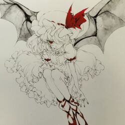 Rule 34 | 1girl, absurdres, bat wings, dress, expressionless, flandre scarlet, frilled dress, frills, hair over one eye, hat, highres, jewelry, looking at viewer, mob cap, monochrome, photo (medium), raivarune, red eyes, red footwear, red ribbon, ribbon, ring, short sleeves, simple background, solo, spot color, touhou, traditional media, wings