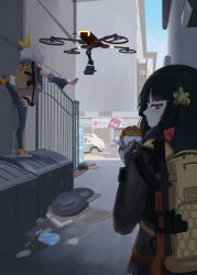 Rule 34 | 2girls, absurdres, ahoge, alley, animal hood, ass, backpack, bag, balancing, black footwear, black hair, black sleeves, black thighhighs, blush, brown shorts, car, commentary request, crossover, dark skin, detached sleeves, drone, dumpster, eating, flower, food, food request, gate, girls&#039; frontline, gloves, gun, gun on back, hair flower, hair ornament, hair ribbon, highres, hime cut, hood, klin (girls&#039; frontline), looking at viewer, looking back, motor vehicle, multicolored footwear, multiple girls, outdoors, outstretched arms, ponytail, pp-91 kedr, rabbit hood, red eyes, ribbon, shorts, standing, standing on object, submachine gun, thighhighs, tom clancy&#039;s the division, trash bag, type 100 (girls&#039; frontline), type 100 smg, watch, weapon, weapon on back, white hair, wristwatch, yellow footwear, yellow ribbon, yonao, zipper
