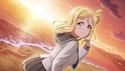 Rule 34 | 1girl, artist name, artist request, beach, blonde hair, blush, braid, breasts, brown eyes, buttons, cloud, collarbone, crown braid, day, female focus, from behind, green eyes, green neckerchief, grey sailor collar, grey skirt, hair rings, long sleeves, looking at viewer, looking back, love live!, love live! school idol festival, love live! school idol festival all stars, love live! sunshine!!, medium breasts, miniskirt, neckerchief, ocean, ohara mari, orange sky, outdoors, parted lips, plaid, plaid skirt, pleated, pleated skirt, sailor collar, school uniform, shirt, short hair, sideboob, skirt, sky, smile, solo, sunset, tie clip, uranohoshi school uniform, wavy hair, white shirt, yellow buttons, yellow eyes