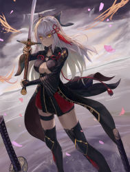 Rule 34 | 1girl, black bow, black thighhighs, bow, breasts, cherry blossoms, cleavage, cloud, cloudy sky, collarbone, dress, fate/grand order, fate (series), floating hair, hair bow, hair ornament, highres, hmrgyukina, holding, holding sword, holding weapon, large breasts, long hair, long sleeves, okita souji (fate), okita souji alter (fate), outdoors, petals, short dress, silver hair, sky, smile, solo, standing, sword, thigh strap, thighhighs, very long hair, weapon, yellow theme