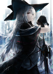Rule 34 | 1girl, absurdres, arknights, artist name, black capelet, black gloves, black headwear, capelet, commentary request, from side, gloves, hair between eyes, highres, long hair, looking at viewer, partial commentary, planted, planted sword, planted weapon, red eyes, sakusyo, signature, silver hair, skadi (arknights), solo, sword, upper body, very long hair, weapon