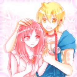 Rule 34 | 1boy, 1girl, ali baba saluja, bad id, bad pixiv id, blonde hair, blush, couple, earrings, grin, holding hands, hand on another&#039;s head, happy, hetero, jewelry, magi the labyrinth of magic, morgiana, naganosaeka, necklace, red eyes, red hair, skar, smile, yellow eyes