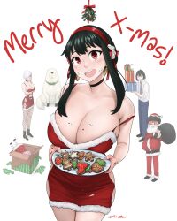 Rule 34 | 2boys, 3girls, absurdres, anya (spy x family), bare shoulders, black hair, bond (spy x family), breasts, christmas, cleavage, collarbone, cookie, dismaiden, dog, english text, fiona frost, food, franky franklin, gingerbread man, highres, large breasts, long hair, looking at viewer, multiple boys, multiple girls, open mouth, red eyes, spy x family, yor briar, yuri briar