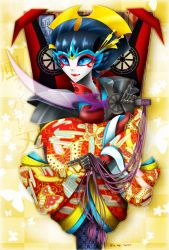 Rule 34 | 1girl, autobots, blue eyes, highres, japanese clothes, kimono, lipstick, makeup, sword, transformers, umetarou (jack sgt), weapon, windblade, windblade (transformers)