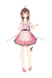Rule 34 | 1girl, absurdres, ahoge, bare shoulders, blush, braid, braided ponytail, breasts, brown hair, collarbone, detached sleeves, flower, frills, full body, hair flower, hair ornament, hair ribbon, high heels, highres, jewelry, lace, long hair, looking at viewer, necklace, orange eyes, original, patterned clothing, pendant, pleated skirt, pumps, ribbon, simple background, single braid, skirt, small breasts, smile, solo, very long hair, vocaloid, white background, yue yue, yuezheng ling