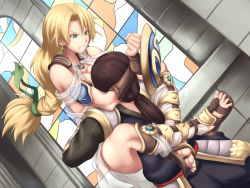 Rule 34 | 1boy, 1girl, angry, blonde hair, brown footwear, brown hair, clenched teeth, determined, gladiator sandals, green eyes, long hair, makura no doushi, ponytail, sandals, serious, shield, sophitia alexandra, soul calibur, stained glass, teeth, wrestling
