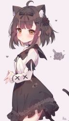 Rule 34 | 1girl, ahoge, animal ear fluff, animal ears, annin miru, annin miru channel, black bow, black flower, black rose, black skirt, blunt bangs, blush, bow, brown eyes, brown hair, cat ears, cat tail, choker, closed mouth, commentary, earrings, extra ears, flower, frilled skirt, frills, from side, hair bow, hair flower, hair ornament, heart, heart-shaped pupils, heart earrings, high-waist skirt, highres, jewelry, long sleeves, looking at viewer, looking to the side, own hands together, puffy sleeves, roin, rose, short hair, sidelocks, simple background, skirt, solo, symbol-shaped pupils, tail, upper body, virtual youtuber