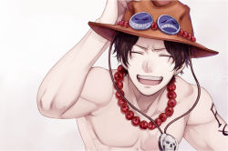 Rule 34 | 1boy, black hair, freckles, hat, jewelry, male focus, necklace, one piece, portgas d. ace, short hair, simple background, smile, solo, tattoo, too mizuguchi, topless male