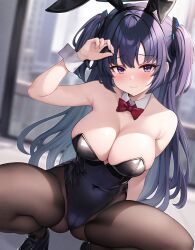 Rule 34 | 1girl, animal ears, black leotard, black pantyhose, blue archive, blurry, blurry background, blush, bow, bowtie, breasts, cameltoe, cleavage, commentary, detached collar, fake animal ears, hair ornament, highres, large breasts, leotard, long hair, looking at viewer, myuu (arisumeria), official alternate costume, pantyhose, playboy bunny, purple eyes, purple hair, rabbit ears, red bow, red bowtie, solo, squatting, strapless, strapless leotard, symbol-only commentary, two side up, wrist cuffs, yuuka (blue archive)