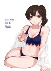 Rule 34 | 1girl, bikini, blue bikini, bobokuboboku, breasts, brown eyes, brown hair, character name, cleavage, collarbone, commentary request, dated, full body, highres, kaga (kancolle), kantai collection, long hair, looking at viewer, medium breasts, one-hour drawing challenge, open clothes, open robe, reaching, reaching towards viewer, robe, side ponytail, simple background, sitting, solo, swimsuit, twitter username, white background, yokozuwari