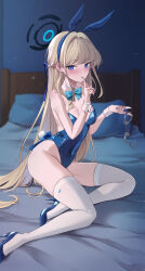 Rule 34 | 1girl, absurdres, animal ears, bed, blonde hair, blue archive, blue eyes, blue leotard, blue nails, blush, bow, bowtie, breasts, commentary, cuffs, detached collar, fake animal ears, fake tail, feint721, finger to mouth, full body, halo, hand up, handcuff dangle, handcuffs, high heels, highleg, highleg leotard, highres, holding, holding handcuffs, index finger raised, leotard, light particles, long hair, medium breasts, nail polish, official alternate costume, official alternate hairstyle, on bed, pillow, playboy bunny, rabbit ears, rabbit tail, revision, shushing, sitting, skindentation, solo, tail, thighhighs, thighs, toki (blue archive), toki (bunny) (blue archive), very long hair, white thighhighs, yokozuwari